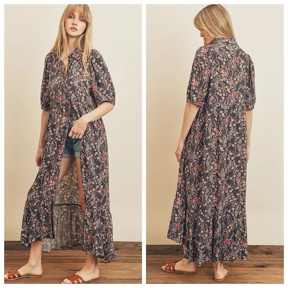 VICI Button Front‎ Maxi Shirt Dress Sz M Midnight Floral 1/2 Sleeve Pockets Boho